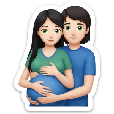 Make a couple emoji they are 18. The girl has long black hair and blue eyes and is hugging a pregnant boy with brown hair and green eyes they are both wearing the same colour top.  sticker