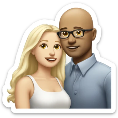 Clean shaven Bald man wearing glasses kissing a white blonde woman with long hair sticker