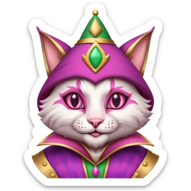 court jester cat medieval, single poker card joker clearly visible, pink, face only sticker