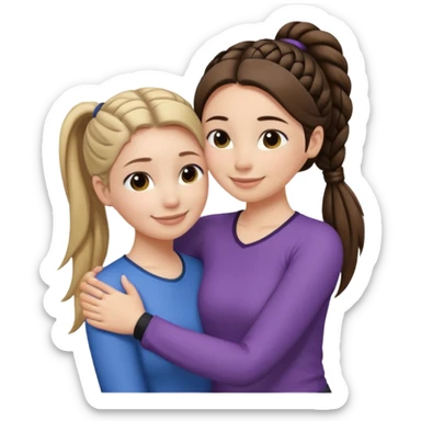 Comforting Hug two white skin women, one shorter woman with medium brown simple top ponytail, not braided, and one taller woman with a single long black side braid sticker