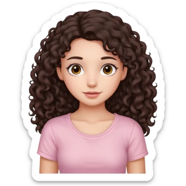 crée moi une jeune fille très belle avec les cheveux bouclés long brune avec un top de couleur rose clair sticker