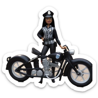 Silkstone Lingerie Barbie, Wednesday Addams from academy in vertically-striped dark-gray and black London police officer’s uniform with hat. Leaning back at the hips, riding a wheelie on a hot rod bike smiling  sticker