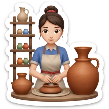 Brunette girl with bun, behind pottery wheel sticker