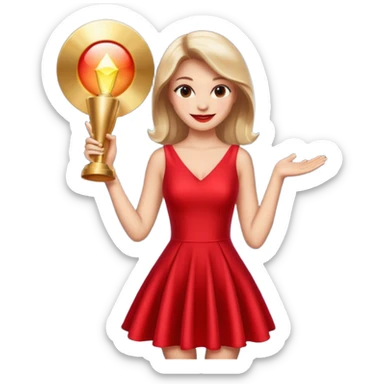Glam girl under a soft spotlight posing with a shiny stylish dress, confident smile — picks the boldest deal sticker