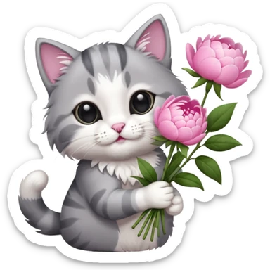 Cute cat Handing pink peonies like reaching a hand and handing them out a bouquet of them not a physical hand the cats hand  make the cat fluffy and grey and white fluffier sticker