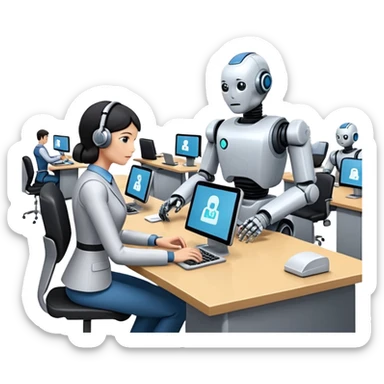 Digital Labour as an example of Agents at work in a workplace setting. I want to see a traditional office worker and a support co-worker that is an AI Agent [Not a Robot]. I DO NOT WANT images of ROBOTS! sticker