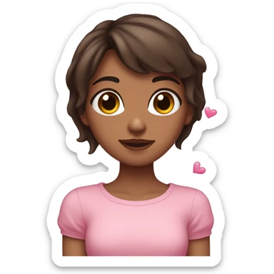 short-medium hair brunette girl making hearts with her hand and pink hearts around her and has heart eyes pink  sticker