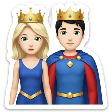 Prince with crown, blue cape and trousers, body and legs, black hair, blue eyes, woman blonde hair, green eyes, sexy white short sleveless dress,  sticker
