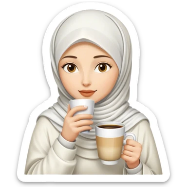 a white hijab woman drinks a cup of coffee sticker