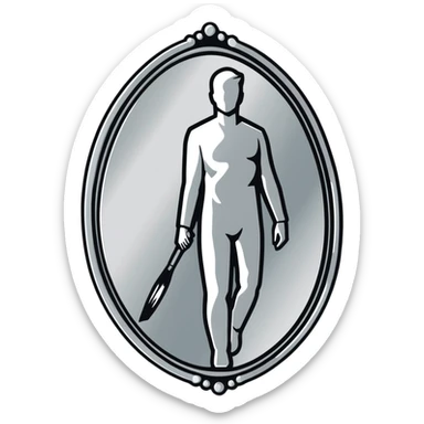 A paintbrush transforming into a silver human silhouette sculpture emblem, symbol of artistic identity, with a mirror-like silver metallic finish sticker