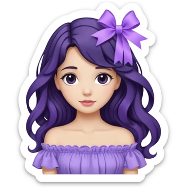 Girl with black wavy long hair and a ribbon hair clip beside it make it look like wearing a lavender off shoulder  sticker