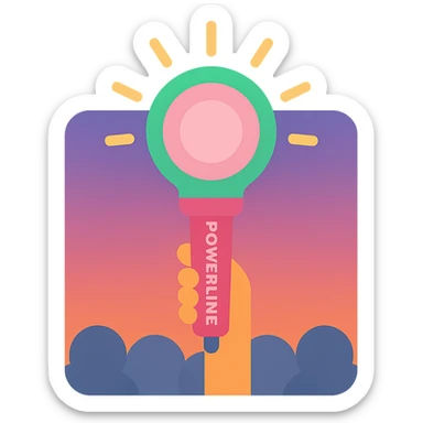 green and pink K-Pop lightstick with the keyword 'POWERLINE' on the handle, glowing, held up in a crowd at a concert, vibrant lighting sticker