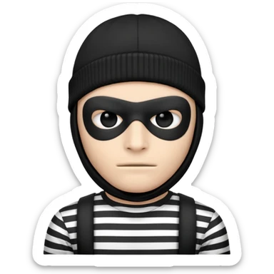 A robber emoji that shows the head and to the collar bone he is 2d and is staring straight at the screen and his body is also towards the screen t-shirt with horizontal black and white stripes and a black beanie on his head and a black mask just around his eyes sticker