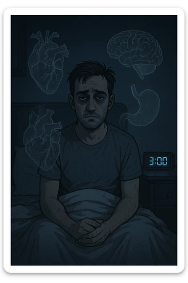 a man sits awake in bed in the middle of the night, dark circles under his eyes and a tired, anxious expression. The room is dimly lit by the blue glow of a phone or digital clock showing 3:00 AM. Around him, faint ghostly overlays of anatomical drawings highlight affected organs—heart, brain, and stomach—symbolizing the physical harm caused by disrupted sleep. sticker