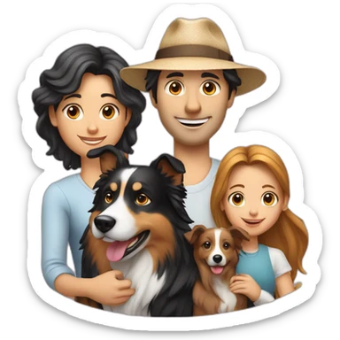 family group of three consisting of man in hat and woman with long hair in ponytail and small border collie dog sticker