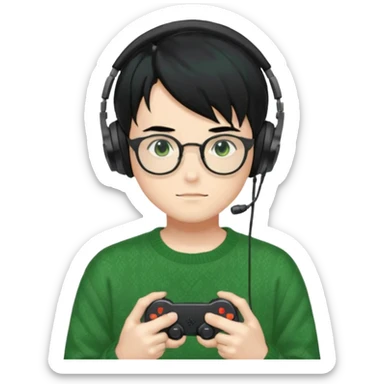 
gamer, Gorgeous green sweater black hair anime style shojo guy glasses, headphone, gamepad sticker