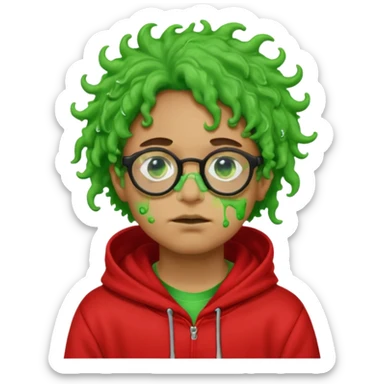 pale light brownskin boy with green slime coming out his eyes, and black glasses, nosering, wit messy, and curly freeforms, wearing a red hoodie with a Glo Gang sun on the hoodie. sticker
