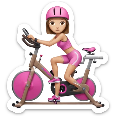 Light tan girl with a brown bob hat style with pink highlights in a pink workout set leaning on a indoor cycle bike sticker