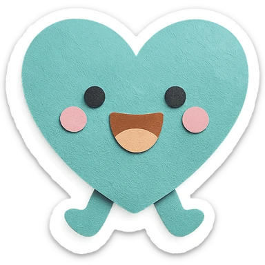 kawaii teal heart, jumping, happy face, soft pastel palette, no arms or legs, full body, paper craft style sticker