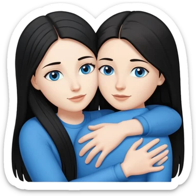 Lesbian couple with white skin. One with long straight black hair. One with long straight brown hair. Both with blue eyes. In a loving embrace sticker