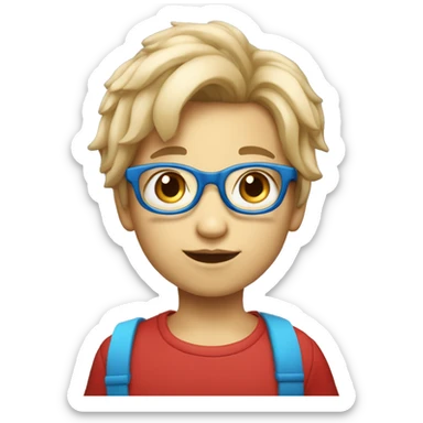 Un enfant avec les cheveux châtains clair qui a des lunettes rondes bleues et rouge et qui mange une glace sticker