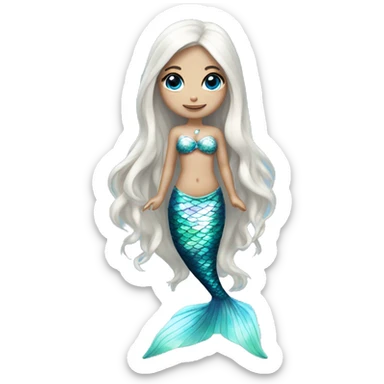 Iridescent silver mermaid tail full body blue eyes almond skin girl long white hair sticker