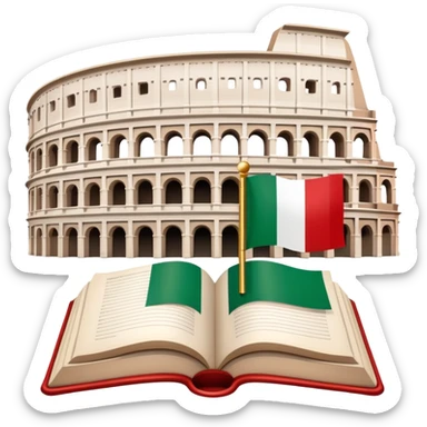 An icon featuring the Colosseum and the flag of Italy, symbolizing the Italian language. The design includes an open book with Italian phrases and a gondola, representing language learning and cultural exploration. Transparent background sticker