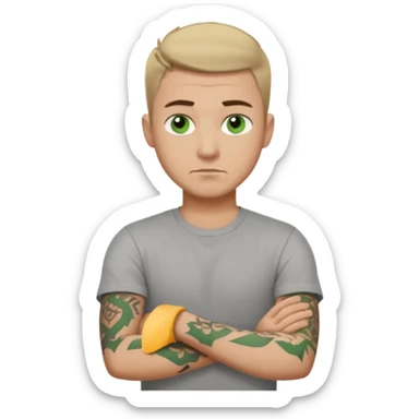 White young man with short dark taper fade hair cut and slight goatee and neutral expression with his arms folded. Green eyes and arm tattoos sticker