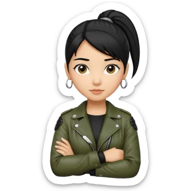 A girl with a pony tail black hair and olive ish skin, Asian eyes, with a black jacket and a black purse with arms crossed  sticker