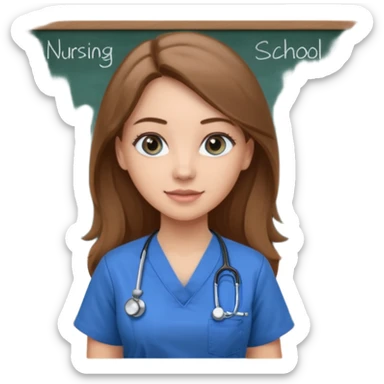 university classroom that says nursing school on the blackboard with a pretty female nursing student with long brown hair, blue eyes sticker