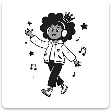 black-and-white line art of a confident African-American girl with a crown and headphones, dancing, hip-hop jacket, sneakers, surrounded by music notes and stars, pure line art only, no shading, no borders, no grayscale, no solid black fills, classic kids coloring fun style, portrait 1024x1536 sticker