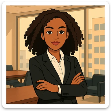 Convert this image to a cartoon style with a confident, successful CEO vibe. The girl should have slightly longer hair and lighter skin tone, maintaining her confident expression and professional appearance. sticker