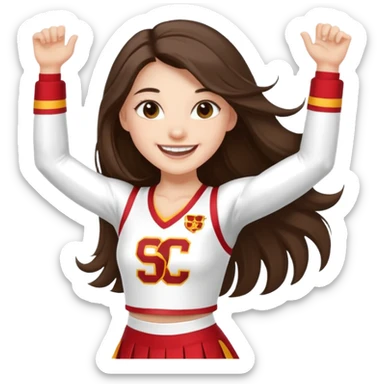 skinny white happy long haired brunette girl in a white USC cheerleader outfit sticker