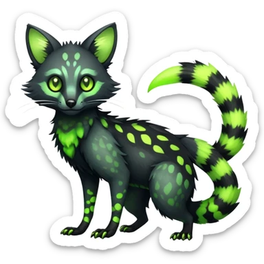 Rare realistic black edgy toxic radioactive-themed black fur with neon-lime-green-glowing  epic handsome gorgeous aesthetic vibrant Vernid-Trico-Genet-species-hybrid-Fakemon-creature by LiLaiRa, 4 legs, 1 tail, random markings, (full body) sticker