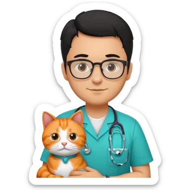 Veterinario hombre trigueño con lentes, con cabello negro, y con uniforme veterinario color verde turquesa y estetoscopio  cargando un gato naranja sticker
