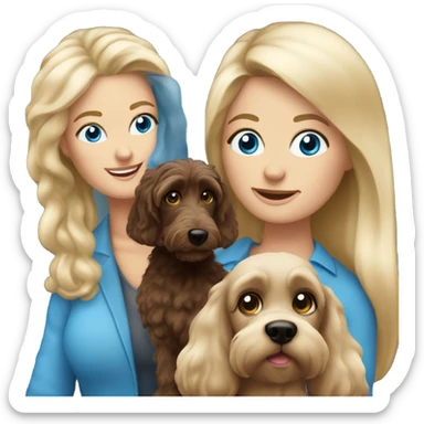 62 year Old blue eyed blonde lady with long straight hair with dark brown Cockapoo puppy dog sticker