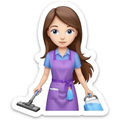 beautiful girl with long brown hair, blue eyes and wearing light purple clothes, cleaning and vacuuming sticker
