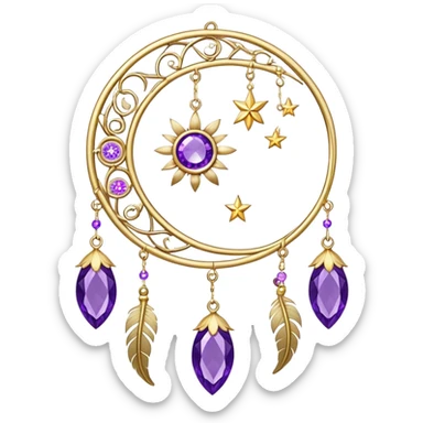 Epic beautiful gorgeous cute gold suncatcher, threads with shiny sparkly amethyst gemstones, flowers, crescents-moons, stars, violet Feather sticker
