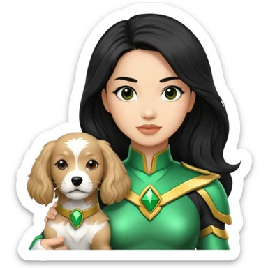female green power ranger with wasian features, long black hair, and a fully light brown cockapoo dog at her side sticker