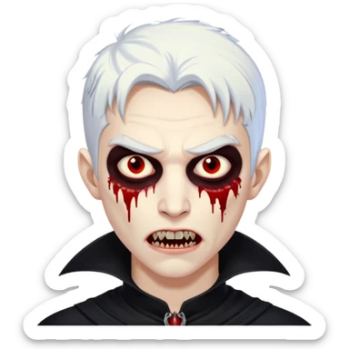 Creat a young man Vampire with white skin and white hair and full black vampire clothes and bloody eyes and long fangs and scary dead eyes sticker