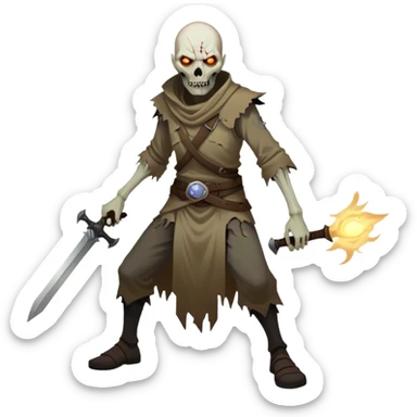 Cinematic Realistic WoW undead civilian Portrait, captured in a fierce, battle-ready stance, muscles taut beneath his tattered, earth-toned attire. His decayed, pallid skin and glowing eyes are rendered with intense lifelike detail and dynamic lighting, high shine, embodying the raw, relentless fury of an undead civilian in the heat of combat. sticker