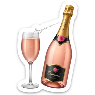 bottle of sparkling rose champagne tilted up and to the right sticker