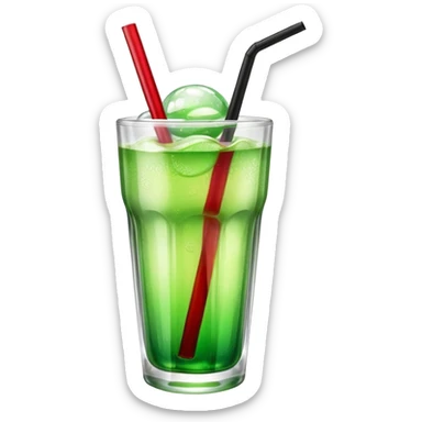Create an emoji with a clear rounded glass, bright transparent green soda with fine bubbles, a smooth vanilla scoop, a glossy red cherry, and a black straw, using vibrant colors, soft shading, and clear glass highlights.
 sticker