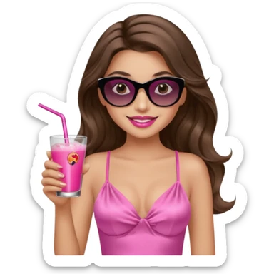 girl with long wavy brown hair, brown eyes, long lashes makeup, sexy pink lips, smiling, light to medium complexion, wearing a pink sexy silk top, relaxing in a beach chair, wearing black sunglasses, holding a drink sticker