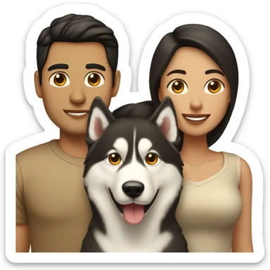 A couple man and woman Both have dark hair, with in the middle of them. A Husky. Golden beige sticker