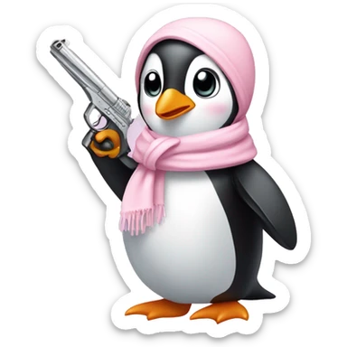cute penguin wearing light pink bow scarf and holding light pink gun  sticker