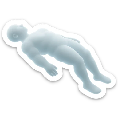 side view of unconscious person flying torso up, arms and legs down, made of very bright white convex clouds, matte glass style sticker