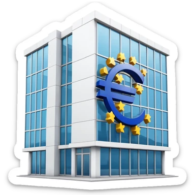 a white bank building with a large euro logo on it sticker
