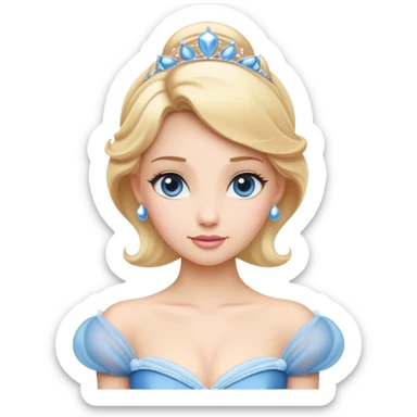Cinematic Elegant Cinderella Portrait Emoji, rendered in a flat, vector-style with minimal shading and bold, simplified shapes. Depict Cinderella in her classic ball gown (chest and above) with fair, porcelain skin and elegantly styled blonde hair, her eyes soft and kind, and her expression serene and graceful. The design glows with a gentle, enchanting radiance and high shine, capturing the timeless beauty of a fairy tale princess. sticker