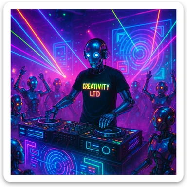 vibrant robot party scene with humanoid robot DJ in black t-shirt with glowing 'CREATIVITY LTD' text, DJ booth surrounded by neon lights, lasers, smoke, metallic robots dancing, holographic displays creating immersive creative atmosphere sticker